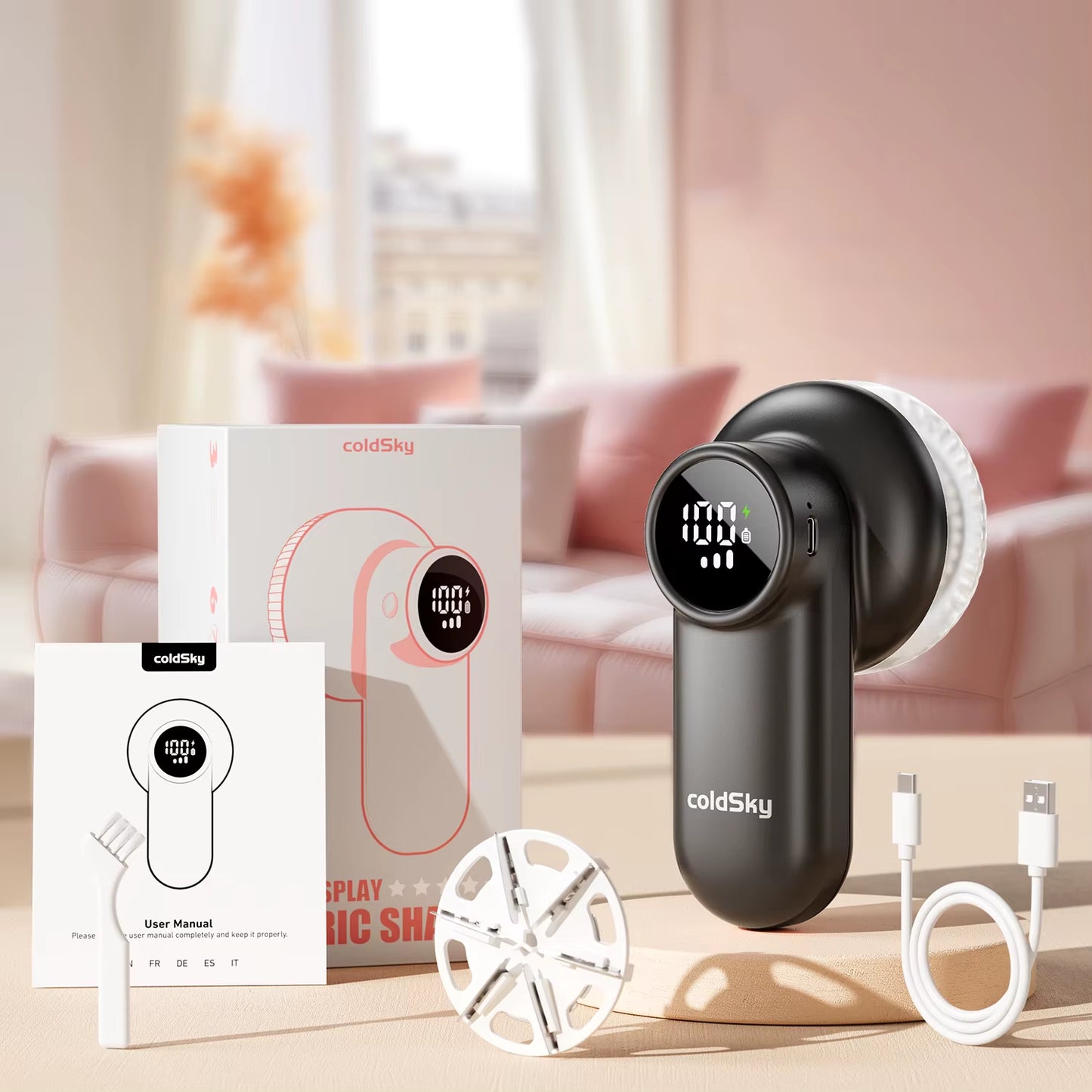 Coldsky Rechargeable Lint Shaver with Digital Display Fabric Shaver Sweater Shaver 3-Speeds with 6-Leaf Blades for Clothes Sofa
